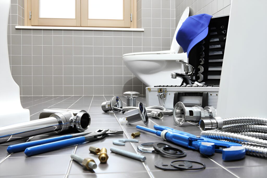 Plumber Tools Equipment Bathroom Plumbing Repair Service Assemble Install Concept